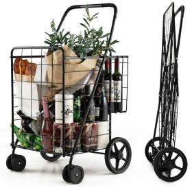 Versatile 2 Basket shopping cart with rotating wheel - lightweight foldable metal utility vehicle for groceries, laundry and travel - easy to ass